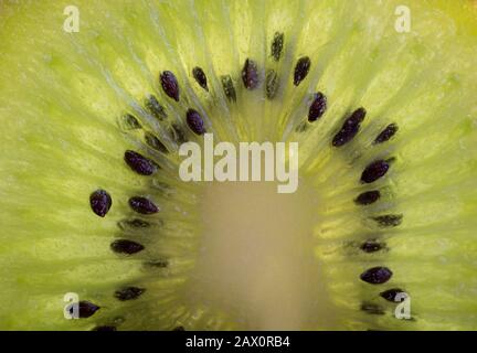 Tranche de kiwi mûr frais. Fruits verts, vue de dessus. La moitié du kiwi. Cuisine végétalienne ou végétarienne saine, concept de régime alimentaire. Vitamine C. Banque D'Images