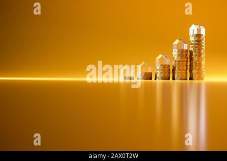 Rendu tridimensionnel : piles de pièces en euros montantes surmontées de maisons en verre acrylique. Arrière-plan et réflexions jaunes sans couture. Concept pour extre Banque D'Images