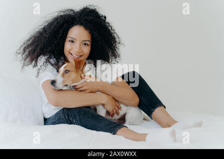 Photo de la jolie jeune femme propriétaire pose dans la chambre blanche propre, chopes chien, joue avec le meilleur ami, porte des vêtements décontractés, a l'expression gaie. Banque D'Images