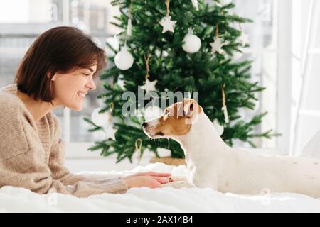 Les animaux, la loyauté et le concept de personnes. Une dame en brunette souriante dans des pièces de sueur brun surdimensionnées avec un chien pedigree, se trouve sur un confortable lit blanc contre de Banque D'Images