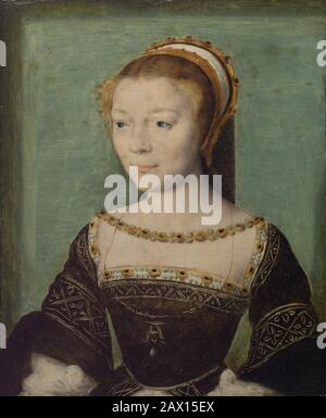 Anne de Pisseleu (1508-1576), Duchesse d'Etampes, Californie. 1535-40. Réputée pour sa brillance et sa beauté, Anne de Pisseleu était la maîtresse de Francis I. Avec lettre A brodée en fil d'or. Banque D'Images