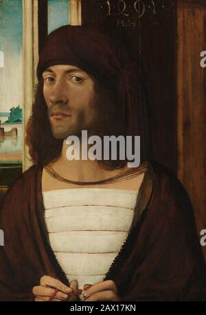 Portrait d'un homme, 1491. Homme non identifié, dans un intérieur avec un paysage vu par la fenêtre ouverte. Banque D'Images