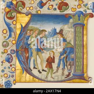 Manuscrit Illumination avec Joseph Vendu par Ses frères dans un V initial, d'un Antiphonaire, CA. 1490. Banque D'Images
