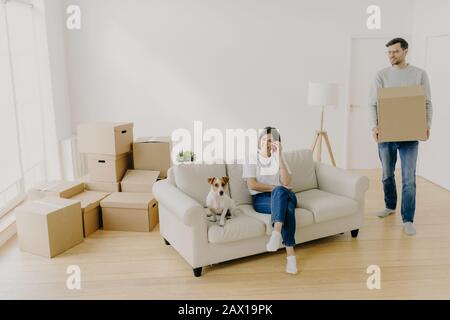 Les conjoints affectueux posent dans l'appartement loué, la femme se détend sur le canapé avec animal de compagnie, parle par smartphone moderne, sourires heureux, mari occupé tient carton b Banque D'Images