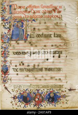 Feuille de manuscrit avec la Visitation dans un initial A et le Cardinal Adam Easton avec un Saint Dominic dominicain, d'un Antiphonaire, CA. 1400. Banque D'Images