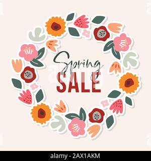 Affiche colorée avec couronne fleurie dessinée à la main. Concept commercial Spring Sale. Coupez le cercle de tulipe, de rose, de fleurs de Marguerite et de feuilles. Design moderne Illustration de Vecteur