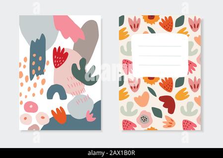 Ensemble de printemps, cartes de vœux artistiques de Pâques, invitations. Tulipes, fleurs de Marguerite, feuilles, traits de pinceau et formes géométriques abstraites. Moderne Illustration de Vecteur