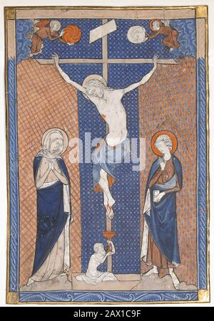 Feuille de manuscrit avec la Crucifixion, d'un Missal, CA. 1270-80. Jésus s'accroche à la croix, avec la Vierge Marie et Saint Jean, Adam monte d'un sarcophage qui collecte le sang sacrificiel dans une chaline. Banque D'Images