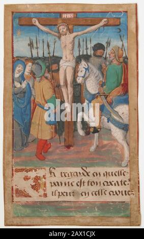 Feuille de manuscrit avec la Crucifixion, à partir d'un Livre D'Heures du XVe siècle. Banque D'Images