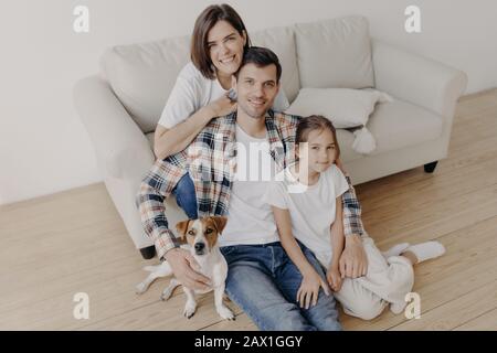 Vue sur le dessus de heureux membres de la famille pose dans une chambre spacieuse près d'un canapé confortable, les poses préférées de chien près, profiter de temps libre assis sur le sol, sourire positivel Banque D'Images