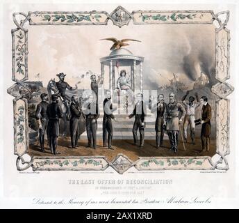 1865, ÉTATS-UNIS : PRÉSIDENT ABRAHAM LINCOLN ( 1809 - 1865 ). La dernière offre de réconciliation en souvenir de Prest. A. Lincolns. ' La porte est ouverte pour tous ', gravure de H. Thomas , lithographie de Kimmel & Forster, 256 Canal Str., NEW YORK . Une allégorie sentimentalisée "soumise à la mémoire de notre défunt président Abraham Lincoln" le plus lamenté de la réconciliation du Nord et du Sud après la guerre civile. - Président della Repubblica - Stati Uniti - Etats-Unis - Abramo - ALLEGORIA -- Archivio GBB Banque D'Images