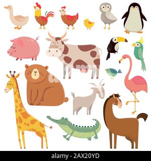 Caricatures de bébé ours sauvage, girafe, crocodile, oiseau et animaux domestiques. Mignon caricature animal enfants vecteur illustration set Banque D'Images