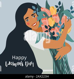 Journée Pour Femme. Illustration vectorielle mignonne avec une femme tenant un bouquet de fleurs tulipes pour carte, affiche, flyer et autre Illustration de Vecteur