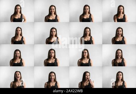 Ensemble de portraits de jeune femme avec différentes émotions. Jeune fille jolie montrant différentes émotions. Rire, sourire, colère, suspicion Banque D'Images