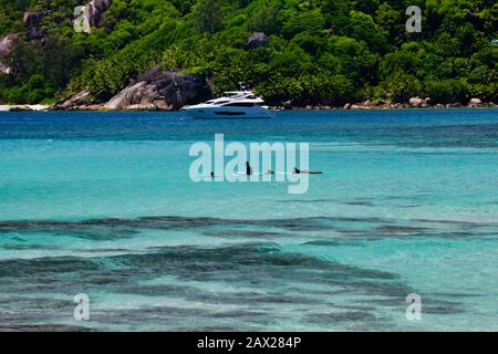 Baie Lazare, Ile Mahe Seychelles - 15 novembre 2019: Les surfeurs attendent des vagues. Banque D'Images