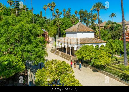 Le jardin idyllique dans les Alcazars royaux de Séville, Andalousie, Espagne. Banque D'Images