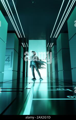 Un spaceman debout dans un couloir futuriste lumineux. L'avenir des personnes et la technologie de l'illustration tridimensionnelle. Banque D'Images