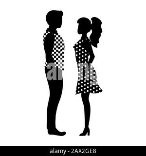 Homme et femme debout devant l'un l'autre et parlant. Illustration vectorielle dans un style noir et blanc simple. Illustration de Vecteur