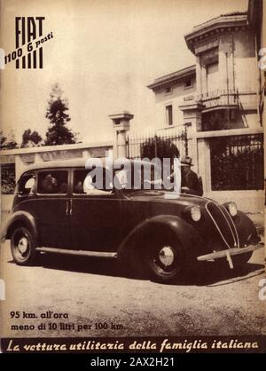 1938 , ITALIE : l'industrie automobile italienne FIAT 1100 ( F.I.A.T. Fabbrica Italiana Automobili Torino ) publicité ' LA VETTURA UTILITARIA DELLA FAMIGLIA ITALIANA ' . La Fiat 1100 est une automobile compacte produite de 1937 à 1969 avec un design différent . La Fiat 1100 a été introduite pour la première fois en 1937 comme une version mise à jour de la 508 'Balilla' (son vrai nom était le 50C) avec un look similaire à la Fiat 500 1936 ' Topolino ' et le plus grand 1500, avec la grille avant en forme de coeur typique de la fin des années 30, Avec le style du concepteur émergent, Giacosa . - automobile - automobiles - automobiles - industriels - FA Banque D'Images