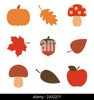 Plats icônes automne tombez champignons, feuilles, ornes, citrouille et pomme Banque D'Images