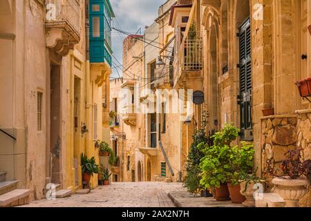 Ancienne rue médiévale avec bâtiments jaunes, beaux balcons et pots de fleurs à Birgu, Valletta, Malte avec personne Banque D'Images