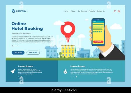 Tenir le smartphone avec avis de classement sur la page de recherche d'hôtel et de réservation en ligne. Mobile App Hostel recherche détaillée et interface d'application de réservation. Modèle de conception de web vectoriel eps Illustration de Vecteur