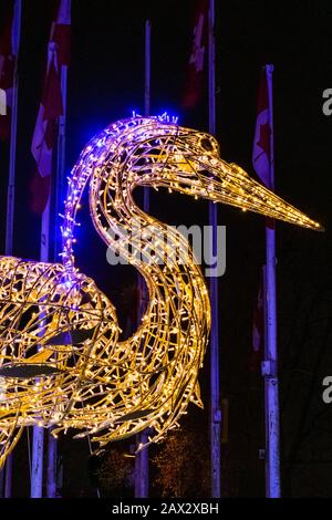 Vancouver (Colombie-Britannique) / Canada - 7 Déc. 2019 : Lumières De Noël Contre Les Drapeaux Canadiens Banque D'Images