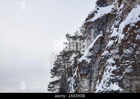 immense falaise enneigée avec des pins qui y poussent contre le ciel d'hiver Banque D'Images