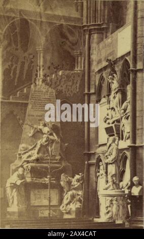 1875 CA , LONDRES , GRANDE-BRETAGNE : L'ABBAYE DE WESTMINSTER , le coin des poètes avec tombes de Geoffrey Chaucer , Edmund Spenser , John Dryden, Tennyson, Robert Browning et John Masefield . De nombreux écrivains, dont William Camden, Dr. Samuel Johnson, Charles Dickens, Richard Brinsley Sheridan, Rudyard Kipling et Thomas Hardy, sont également enterrés ici. Lord Byron, par exemple, dont le style de vie a causé un scandale bien que sa poésie ait été beaucoup admirée, est mort en 1824 mais a finalement été donné un mémorial seulement en 1969. Même William Shakespeare, enterré à Stratford-upon-Avon en 1616, a dû attendre 1740 avant Banque D'Images