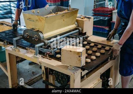 Machine à former des cookies de travail dans l'usine de confiserie. Banque D'Images