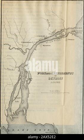 Le complot de Pontiac et la guerre des Indiens après la conquête du Canada. . crédibilité de l'humanité chaque grande calamitya son dire pronostique. Des signes et des portentes dans les cieux, la vision d'un arc indien, et la figure d'un cuir chevelu imprimé sur le disque de la lune, ont prévenu les puritans de la Nouvelle-Angleterre de l'impendingwar. Les apparitions sont passées, et Philippe de Mount Hope éclata de la forêt avec ses guerriers Narra-gansett. En octobre, 17 G 2, une épaisse brouilosité inky s'est accumulée au-dessus du fort et de l'établissement de Detroit. La rivière assombrit les ombres bienfaiteurs, et la forêt était enveloppée d'indoub Banque D'Images