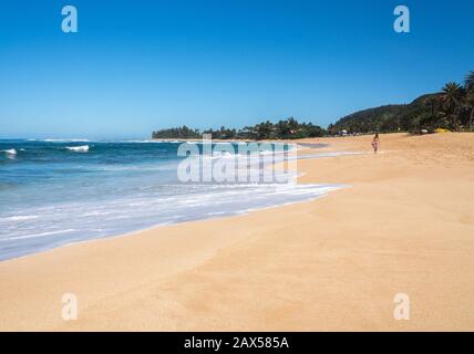 Haleiwa, HI - 24 janvier 2020: Femme marchant sur du sable déserté au parc Sunset Beach sur la côte nord d'Oahu, Hawaï Banque D'Images