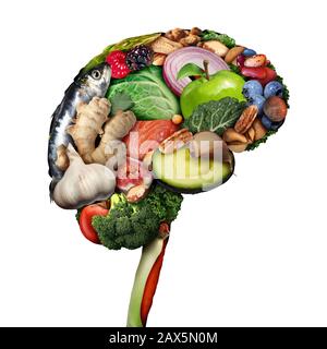 Alimentation saine du cerveau pour stimuler le concept de nutrition brainPower en tant que groupe de fruits à coque nutritifs poissons légumes et baies riches en acides gras oméga-3. Banque D'Images