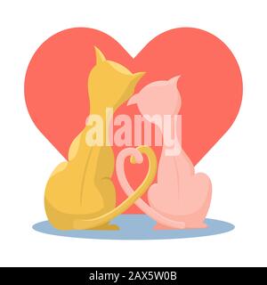 Un couple de chats mignons dans l'amour sur le fond du coeur. Illustration vectorielle plate dans des couleurs tendance. Illustration de Vecteur
