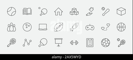 Ensemble de balles de sport, passe-temps, icônes de ligne vectorielle de divertissement. Il contient des symboles de football, de basket-ball, de bowling, de tennis et bien plus encore. St Modifiable Illustration de Vecteur