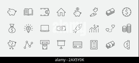 Ensemble D'Icônes De Ligne Vectorielle Liées À L'Argent. Contient des icônes telles que Money Bag, Piggy Bank sous la forme d'un Pig, Wallet, ATM, Bundle of Money, Main avec un C Illustration de Vecteur