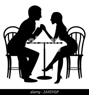 Un couple d'adorables amoureux à une table dans un café. Illustration de silhouette vectorielle plate. Illustration de Vecteur