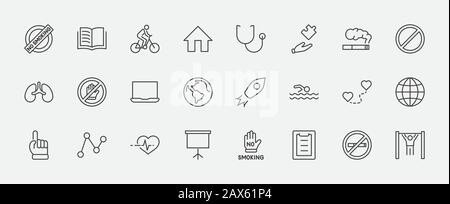 Icônes Vectorielles Internationales Sans Tabac. Contient des icônes telles Que Les Poumons, les cigares, Les Cigarettes, le tabagisme, le Globe, le renoncement au tabac et bien plus encore. Modifier Illustration de Vecteur