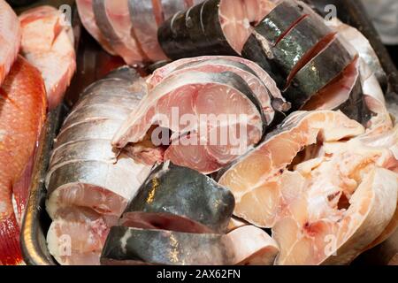 Tranches de poisson-chat sur le marché colombien, gros plan Banque D'Images