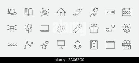 Bonne Souris Du Nouvel An. Définir l'icône de ligne vectorielle. Contient Des Icônes Telles Que Souris, Arbre De Noël, Calendrier 2020, Bow, Ballons, Bell, Candy, Boîte Cadeau, Étoiles, Illustration de Vecteur