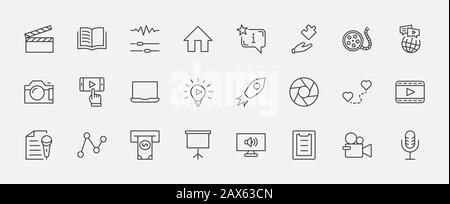 Icônes Vectorielles De Définition De La Ligne De La Journée Internationale Du Film. Contient des icônes telles que Clapperboard, Camera, Video, Play, Film, Lens, microphone, Media settings et mor Illustration de Vecteur