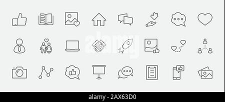 Ensemble D'Icônes De Ligne Vectorielle Associées Aux Réseaux Sociaux. Contient des icônes telles que la page de profil, le classement, les liens sociaux et plus encore. Contour Modifiable. 32 x 32 Pixels Illustration de Vecteur
