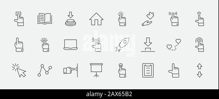 Cliquez sur jeu D'icônes vectorielles associées Aux Boutons. Contient des icônes telles Que Le Curseur, la souris, La Main, le doigt d'index, la flèche, etc. Contour Modifiable. 32 x 32 Pixels Illustration de Vecteur