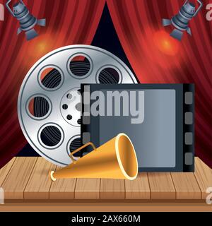 bobines de film et réalisateurs mégaphone sur scène Illustration de Vecteur