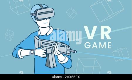 Modèle de bannière vectorielle plate de jeu VR. Réalité virtuelle divertissement, simulateur, jeu cyberespace illustration de lineart. Gamer dans le casque avec arme jouant VR jeu jeu dessin personnage de dessin animé sur bleu Illustration de Vecteur