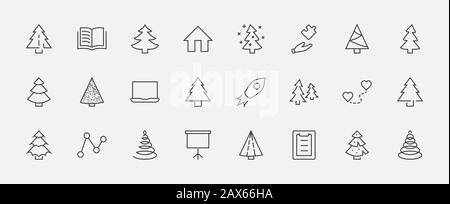 Ensemble d'icônes de sapin de Noël à fines lignes. Icônes linéaires stylisées de neige artificielle, d'épinette, de sapin présent. Contour Modifiable. 32 x 32 Pixels Illustration de Vecteur