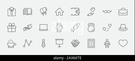 Icônes Vectorielles De L'Ensemble De Lignes De La Journée Du Père. Contient des icônes telles que la moustache, la cravate, la chemise, la poignée de main, le diplomate, le chapeau, le café, le sac à main, le cadeau, le portefeuille et plus encore. Ed Illustration de Vecteur