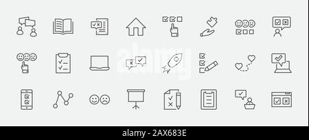 Ensemble D'Icônes De Ligne Vectorielle Associées À L'Enquête. Contient des icônes telles que Smile, Sad, Review, Click, Check, Customer opinion, Web Survey, etc. Distribution Modifiable Illustration de Vecteur