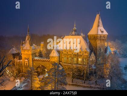 Budapest, Hongrie - scène aérienne d'hiver du magnifique château de Vajdahunyad dans le parc de la ville enneigée à l'heure bleue pendant le neigement Banque D'Images