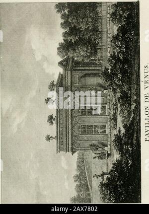 Promenades, ou, Itinéraire des jardins de Chantilly : orné d'un plan et de vingt estampes qui en reprèsentent les principaules cotisations . l'auteur présente une architecture en treillages. La façade est composiée dequattre colonnes ioniques, aussi en treillages,soutenant un portique couronné dun fronton,où sont posées des colombes, un flambeau, desflèches, des corbeilles de fleurs, entous les lesgalans attributes de la divinité à laquelle ce pleest conforme. Lintérieur ensemble être coré par la main réseaux, enrichit par la dieu des beaux-arts, etraffraîchi par les nymphes des eaux. Sur y voit deseau Banque D'Images